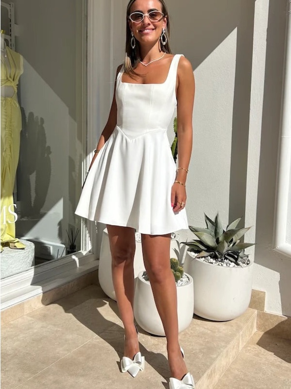 Elegant White Square Neck Fit & Flare Dress